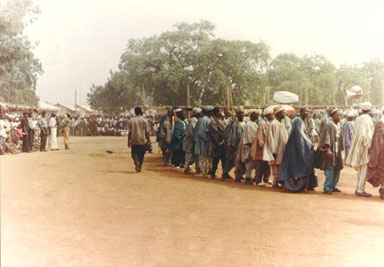 Bawku, Nothern Ghana, 1993.The main festival in the town of Bawku is Saamenpied. Here the men dance in their brightly colored smocks to celebrate the event. Photo by Peace Corps Volunteer Wayne Breslyn.