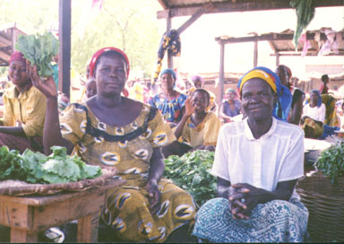 Bawku, Northern Ghana, 1992. Market is made up of sections which sell different items. Above is the salad section. The women in the picture sell only lettuce. Photo by Peace Corps Volunteer Wayne Breslyn.